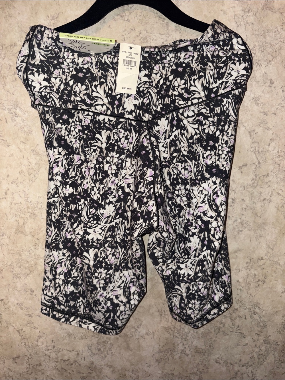 aerie Black & White Floral Bike Shorts with Light Lavender Accents